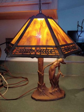 Vintage Art Deco Slag Glass Shade Lamp With Nude/tree Pose