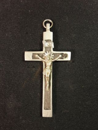 Antique Vintage Christian Pectoral Cross Crucifix Wood Inlay 3.  1 "