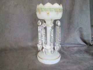Antique Circa 1890 Luster Mantle Lamp Clambroth Greek Key Design W/ Prisms Ks