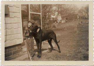Vintage Photo Snapshot Young Boy Hugging His Black Labrador Dog