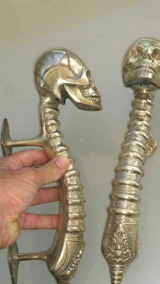2 Skull Handle Door Pull Spine Solid Brass Old Vintage Style Silver 280mm B
