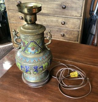 Antique Asian Chinese Japanese Bronze Vase Urn Champleve Cloisonné Enamel Lamp