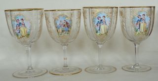 4 Moser Lobmeyr Style 19th Century Hand Enameled Wine Goblets Engraved Gold Gilt