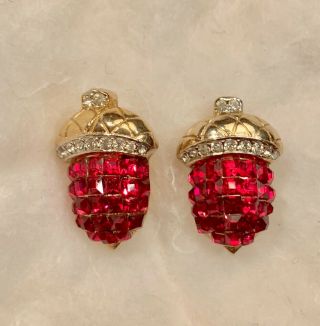 Vintage Signed Coro Craft Invisibly Set Ruby Earring Clip - Ons