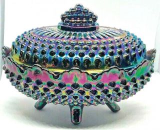 Stunning Vintage Fenton Cobalt Blue Carnival Glass Oval Lidded Footed Dish