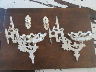 Awesome Pair Vintage Cast Iron Metal Hanging Candleholder Sconces Chippy White