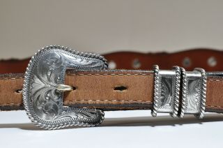 Vintage Vogt Hand Engraved Sterling Silver Front Western Belt Buckle Belt 30 "