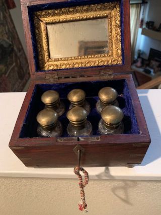 Antique Brass Inlaid Wood Box W Key Hand Painted Perfume Bottles 1800’s All Orig
