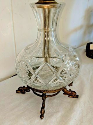 Gorgeous Antique Pressed Glass Lamp With Brass Heraldic Dolphin Feet Base