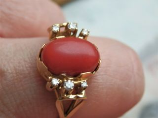 Vintage Oval Coral & Diamond 18 Ct Gold Ring Ring Size P