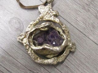 Vintage Jewelry Jacob Hull Brutalist Pendant Necklace Amethyst Gold Tone B,  D