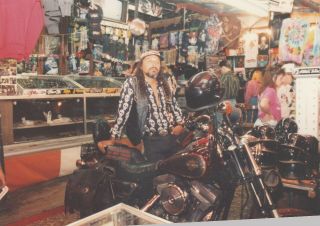 Vintage Photo Black Hippie Motorcycle Guy Posing With Bike Inside Head Shop 1992