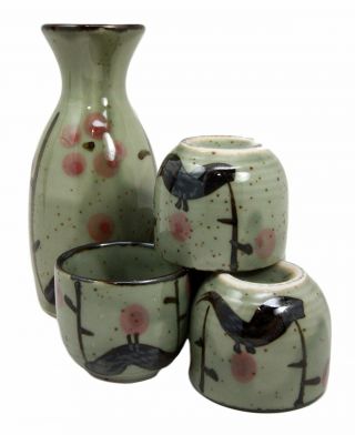 Set Of 5 Japanese Porcelain Sake Bottle Cups Set Cherry Blossom Made In Japan