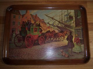 Rare Antique Large Wood Beer Serving Tray With 19th Century Print