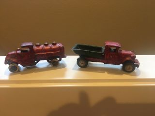 Antique Vintage Style Cast Iron Red Baby Dump Truck Toy & Champion Gas Truck