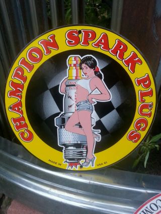 Vintage 1961 Champion Spark Plug Porcelain Sign Gas Pump Oil Battery Pin Up Nos