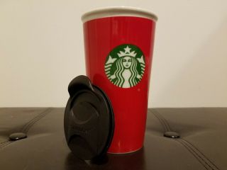 Starbucks 2017 11oz Red Holiday Ceramic Travel Tumbler Coffee Mug With Lid - Euc