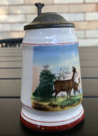 Vintage Ceramic Miniature Beer Stein With Lid Deer Scene Field
