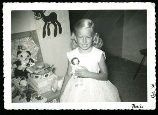 Vintage Photo Little Girl Poses W/ Birthday Gifts Pin The Tail On Donkey Fl 1954