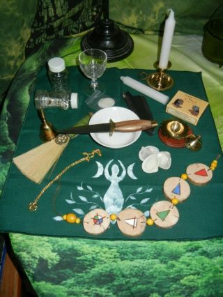 Wicca Altar Set Brass Censer Bell Candleholder,  Altar Cloth Besom Athame More
