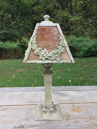 Rare Antique Art Nouveau Ronson A.  M.  W.  Amber Slag Glass Ornate Cast Metal Lamp 2
