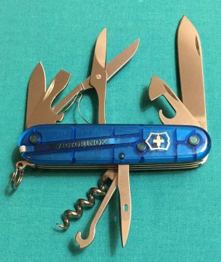 Victorinox Swiss Army Pocket Knife - Blue Translucent Climber Multi Tool Logo