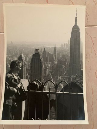 Vintage B&w Photograph - Woman On Balcony In Nyc Empire State Building