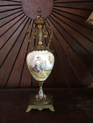 Antique Painted Brass/bronze French? Porcelain Portrait Urn Mantel Vase