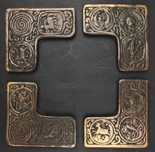 4 Tiffany Studios Bronze Zodiac Pattern Desk Writing Blotter Pad Corners Set
