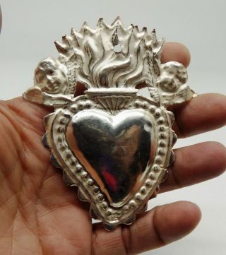 Antique Old Sacred Heart Jesus Ex Voto Miracle 2 Angels Sterling Silver 925 Z - 7