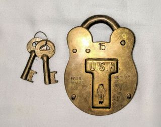 Vintage Us Navy Brass Lock Jas Morgan & Sons Boston Usn W/ Keys No.  15
