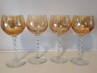 4 Vintage Amber/orange Iridescent Lustre Barley Twist Stems Wine/liqueur Glasses