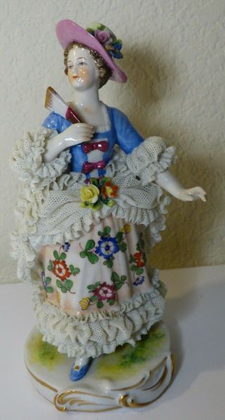 Antique Dresden Porcelain Woman Figurine Germany Hat And Fan 6 1/2 " Old German