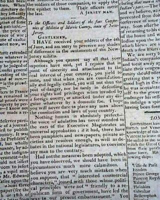 John Adams Letter Re.  Morris County Nj Jersey Militia 1798 Old Newspaper