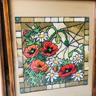Vintage Set Framed Crewel Floral Needlepoint Mid Century Wall Art Handmade Decor 3