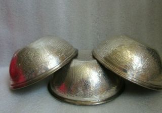 Set Of 3 Vintage Brass W Silver Buddist Water Offering Bowl Intricate Patterns