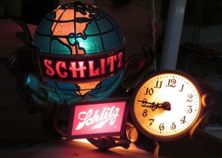1976 Schlitz Beer Sign W/ Motion Spinning Globe & Clock Vintage Lighted Sign 3d