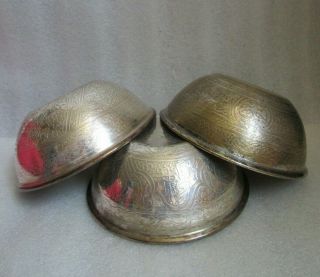 Set Of 3 Vintage Brass W Silver Buddist Water Offering Bowl Intricate Designs