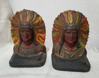 Vintage Painted Cast Iron Native American Indian Chief Bookends