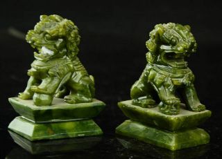 A Pair 100 Natural China Green Jade Carved Fengshui Foo Fu Dog Guard Door Lion