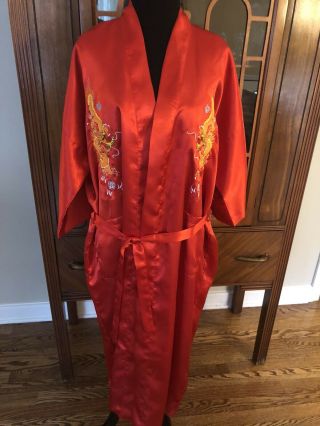 Golden Dragon 100 Silk Kimono Robe Hand Embroidered Dragon Red Size Med