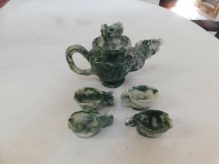 Old Chinese Hand Made Green Stone Tea Pot And 4 Cups