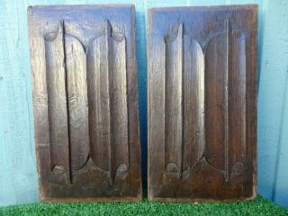 Pair: 16thc Medieval Wooden Oak Linenfold Relief Carved Panels C1590s