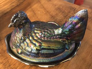 Vintage - Iridescent Fenton Carnival Glass - Chicken Hen Nest - Rainbow