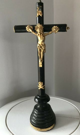 Vintage Table Cross Crucifix Black Wood With Skull Remembrance Of Jerusalem