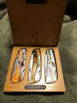 Set Of 3 Collectible Vanadium Ss Pocket Knife Wild Life Scene Lock Case Knives