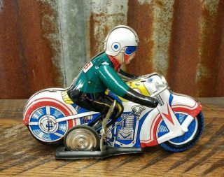 Vintage Wind Up Tin Toy Motorcycle & Rider 1970 