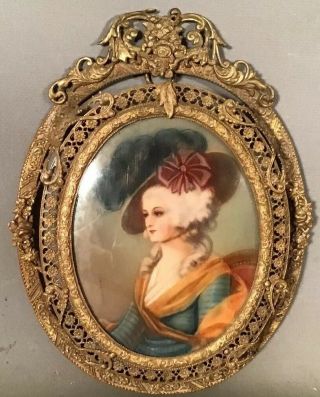 Ca.  1910 Antique Miniature 18thc Lady Portrait Painting Old Brass Ormolu Frame