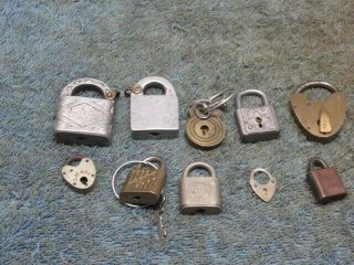 . 10 Different Old Miniature Padlock Lock 2 With A Key Wsny,  B & B,  D.  M.  & Co.  N/r