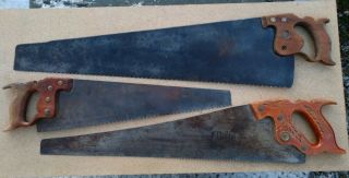 3 Vintage Disston Hand Saws Lg.  Unknown Panel Saw,  16 & Keystone Challenger